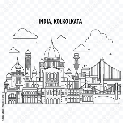 Kolkata India skyline line art with clouds and bridges featuring iconic architecture illustration