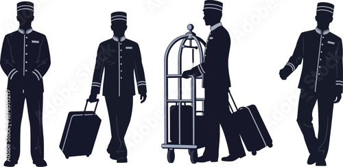 four hotel porters in different poses with luggage silhouette