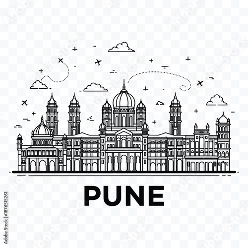 Pune skyline illustration with airplanes and clouds in black and white line art India city