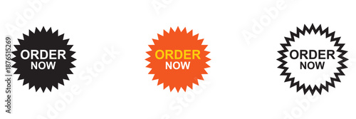 Order now promotional badge icons . Order now badges and labels for online shopping, promotions, and marketing campaigns, isolated on white background for ecommerce use.

