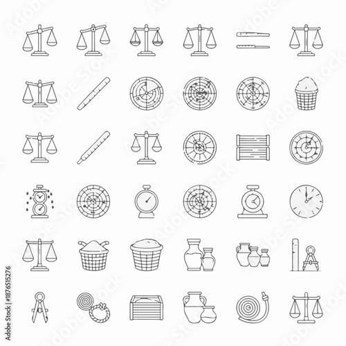 A collection of balance scale and time related icons, with various shapes