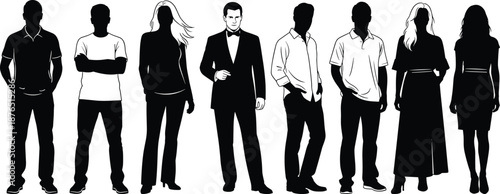 Business people silhouette collection, men and women standing poses, formal and casual clothing, black vector illustration isolated on white background professional corporate characters design