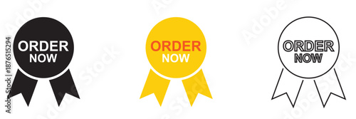Order now promotional badge icons . Order now badges and labels for online shopping, promotions, and marketing campaigns, isolated on white background for ecommerce use.

