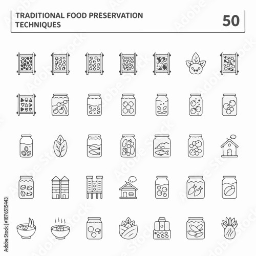 Collection of illustrations showcasing various traditional food preservation methods, offering insights into preserving ingredients for later use. This includes drying, pickling, and canning