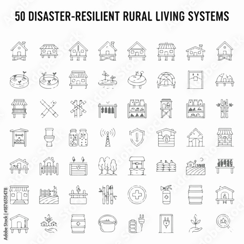 A collection of 50 disaster-resilient rural living system illustrations, offering insights into sustainable and safe living practices