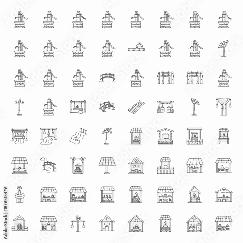 An assortment of various market stall and structure line icons arranged neatly
