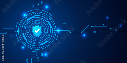 Concept of cybersecurity and network protection. Shield with Check mark icon on frames HUD futuristic style on a dark blue background. Secure technology. Vector illustration.