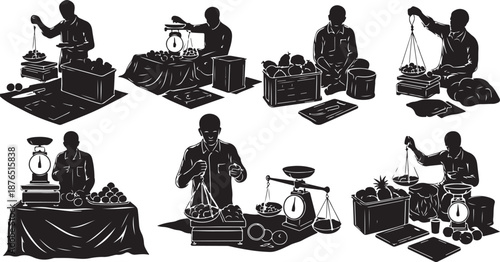 Silhouette illustrations of people working with scales and goods