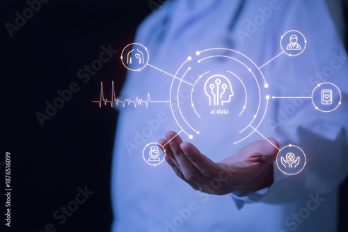 AI driven healthcare technology concept showing doctor holding digital medical interface with data analysis icons
