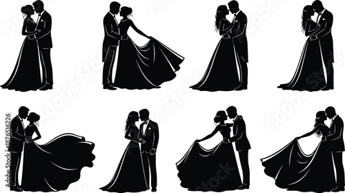 Wedding couple silhouette collection in romantic dance poses, elegant bride and groom moments, black vector illustration set isolated on white background for marriage design