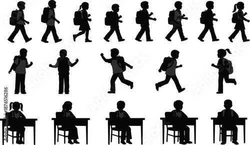 School children silhouettes with backpacks walking running and sitting in classroom desks, educational activity set, black vector illustration isolated on white background