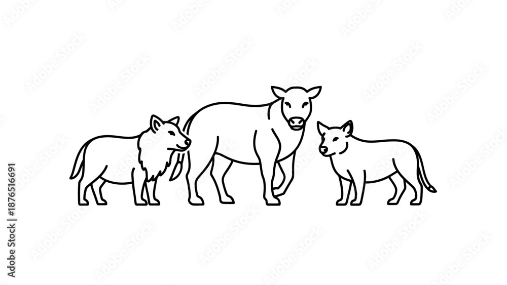 Obraz premium Minimalist line art illustration of a cow with two wolves