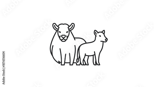 Minimalist Line Art Icons of Livestock: Cow and Calf