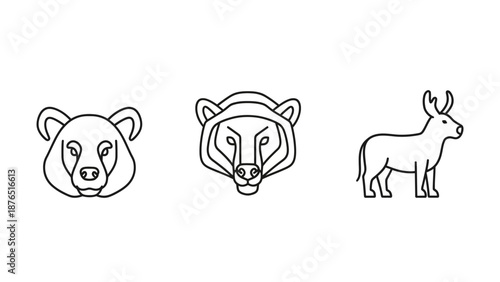 Minimalist line art icons of wild animals: bear, wolf, and deer head