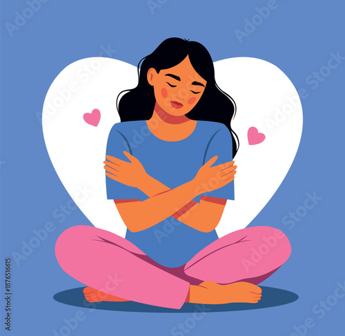 Vector illustration of a woman in a seated position, hugging herself with her eyes closed, calm, taking care herself. Self-love, emotional well-being. For mental health, psychology projects