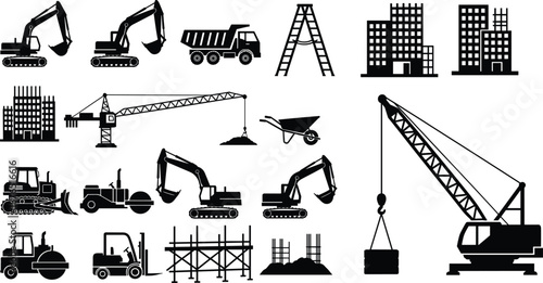 Construction machinery and building equipment silhouette set including excavators, cranes, trucks and tools, industrial black vector illustration isolated on white background for engineering design