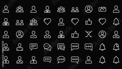 Set of 48 White Outline Social Media and User Interface Icons Vector