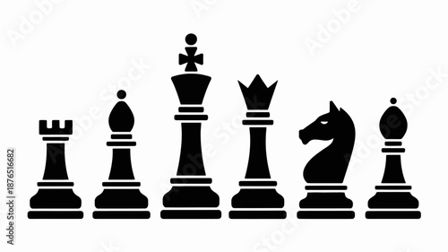 Set of 6 black chess pieces on white background