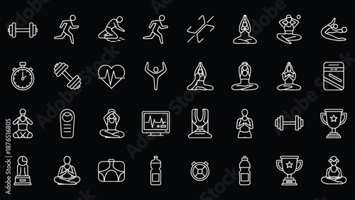 Set of 35 White Outline Fitness and Yoga Vector Icons on Black Background