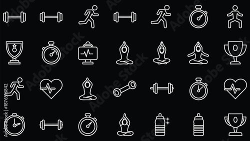 Set of 30 White Outline Fitness and Workout Vector Icons on Black Background
