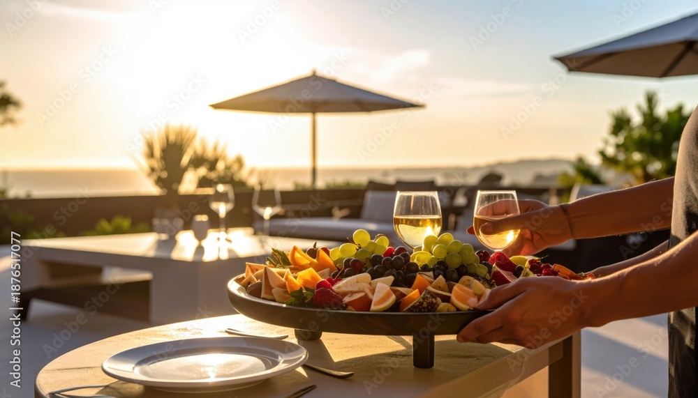 Fototapeta premium Couple Enjoying Sunset Drinks With Fruit Platter On Outdoor Terrace Overlooking Ocean In Warm Golden Light