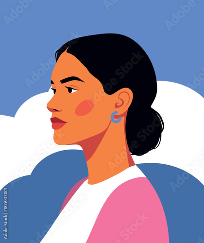Vector illustration of a retro portrait of a woman in profile. Bun hairstyle, beautiful face, soft pastel background. Perfect for beauty and fashion projects, and social media avatar