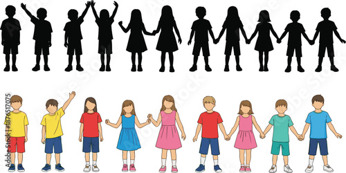 Children holding hands illustration showing black silhouettes and colorful kids characters, unity friendship diversity concept, isolated on white background, education childhood vector design