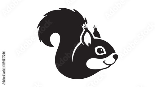 Playful black and white cartoon squirrel with fluffy tail and bright expression.