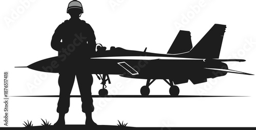 A soldier's silhouette stands proudly in front of a powerful fighter jet, symbolizing military strength and aviation.