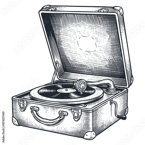 A portable vintage record player or gramophone in an open suitcase. Hand-drawn vector illustration in a classic engraving style. Retro music concept.