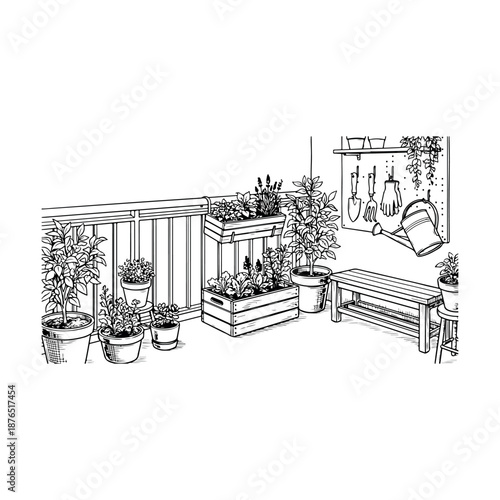 Cozy balcony garden with potted plants and gardening tools