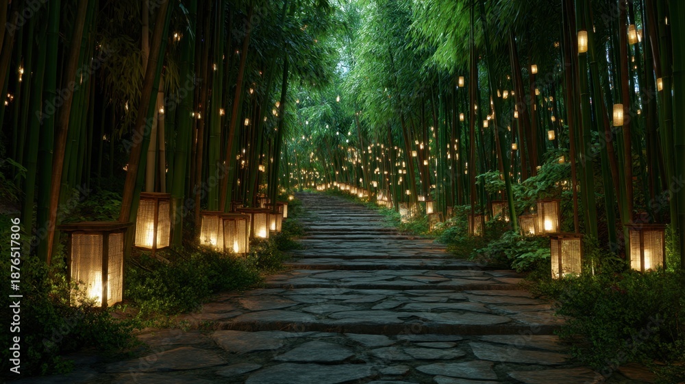 Fototapeta premium Stone path through green bamboo forest lit by many glowing lanterns. Zen garden landscape decoration with warm light.