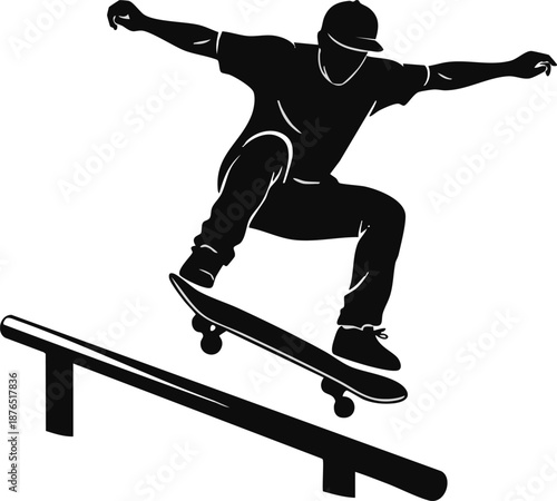 Black silhouette of a skateboarder performing a grind trick over a rail, showcasing extreme sports and urban culture.