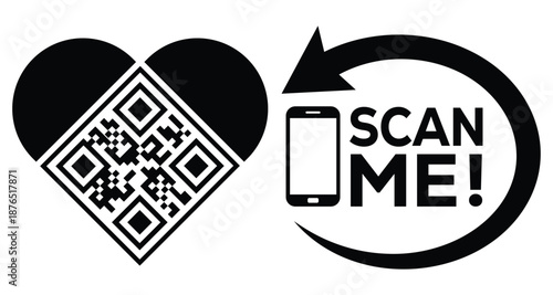 Bold monochrome vector design: Heart-shaped QR code beside smartphone, "SCAN ME!" text, and refresh arrow loop. Ideal for apps, events, NFTs, loyalty programs. Clean, modern, scalable for digital.