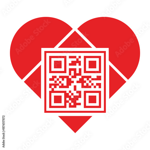 Red heart icon with an integrated QR code isolated on a white background. Concept for digital love, online dating, modern romance, wedding technology, and creative marketing for Valentine's Day.