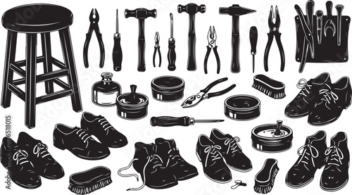 Black and white illustration of shoemaker tools and shoes