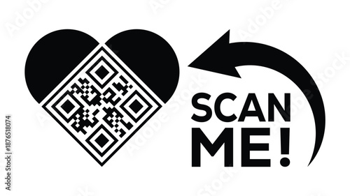 Bold monochrome vector design: Heart-shaped QR code beside smartphone, "SCAN ME!" text, and refresh arrow loop. Ideal for apps, events, NFTs, loyalty programs. Clean, modern, scalable for digital.