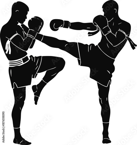 Two silhouetted martial artists in a dynamic pose, one delivering a high kick while the other prepares to block, showcasing the intensity of combat sports.