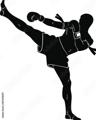 Dynamic silhouette of a martial artist performing a powerful high kick, wearing gloves and shorts, against a clean white background.