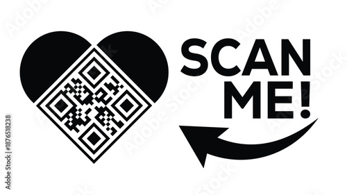 Bold monochrome vector design: Heart-shaped QR code beside smartphone, "SCAN ME!" text, and refresh arrow loop. Ideal for apps, events, NFTs, loyalty programs. Clean, modern, scalable for digital.