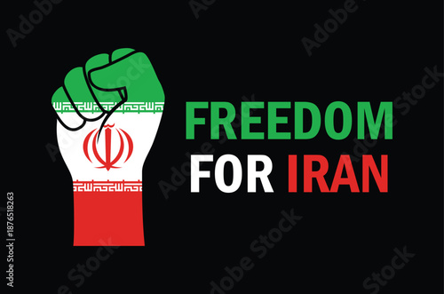 Freedom for Iran banner with Iran flag fist protest symbol. Clenched fist in Iranian Flag colors vector illustration. Iran hand raised fist icon on a black background. Template for background, banner