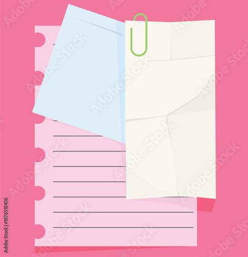Graphic illustration of blank papers and a green paperclip on a pink background, ideal for notes, memos, or office concepts