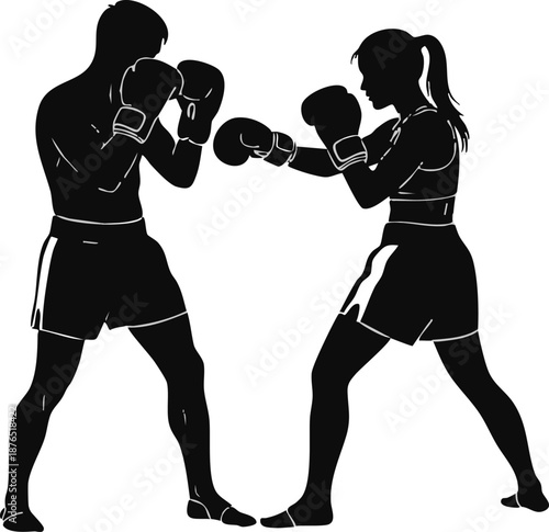 Silhouettes of a male and female boxer in a fighting stance, wearing gloves and shorts, ready for combat or training.