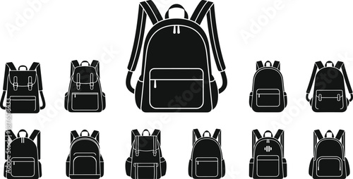 Backpack silhouettes vector illustration set, school and travel bags collection in different styles, black rucksack icons for education, hiking and everyday use isolated on white background