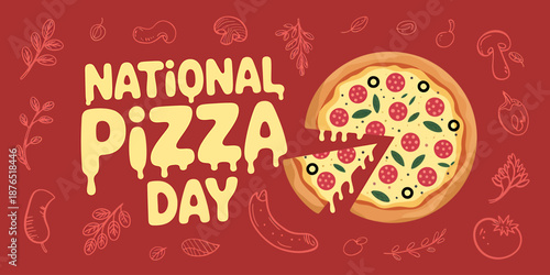 Celebrate National Pizza Day with delicious toppings illustration
