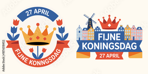 Dutch Kings Day Celebration Graphics with Crown and Windmill
