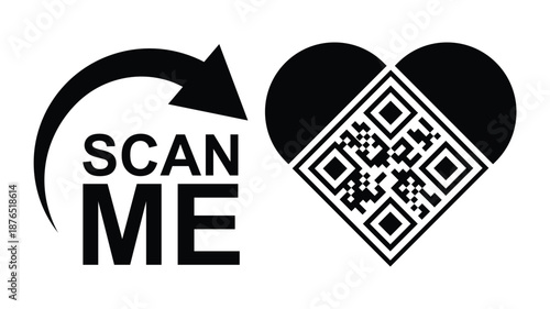 Bold monochrome vector design: Heart-shaped QR code beside smartphone, "SCAN ME!" text, and refresh arrow loop. Ideal for apps, events, NFTs, loyalty programs. Clean, modern, scalable for digital.