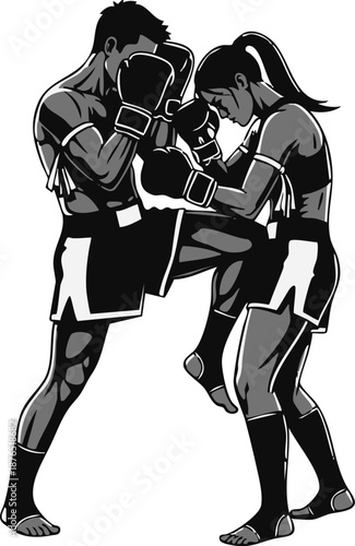 Detailed black and white illustration of two Muay Thai fighters, a man and a woman, in a clinch, with the woman executing a knee strike during training or combat.