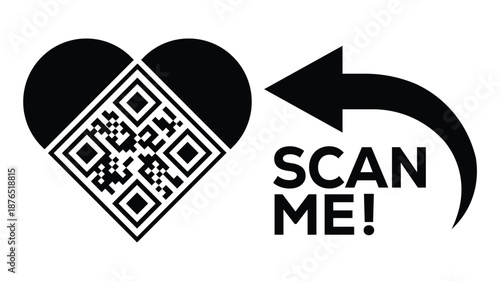 Bold monochrome vector design: Heart-shaped QR code beside smartphone, "SCAN ME!" text, and refresh arrow loop. Ideal for apps, events, NFTs, loyalty programs. Clean, modern, scalable for digital.
