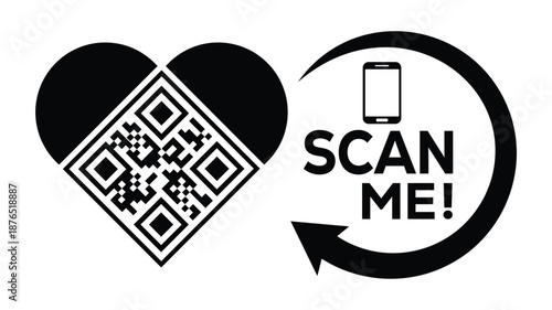 Bold monochrome vector design: Heart-shaped QR code beside smartphone, "SCAN ME!" text, and refresh arrow loop. Ideal for apps, events, NFTs, loyalty programs. Clean, modern, scalable for digital.